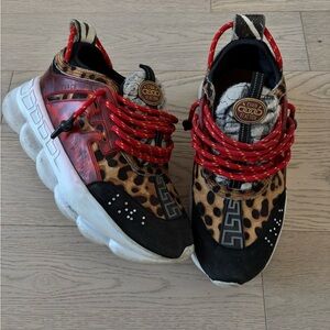 Versace Men’s Chain Reaction Leopard and Red Sneakers Size 10